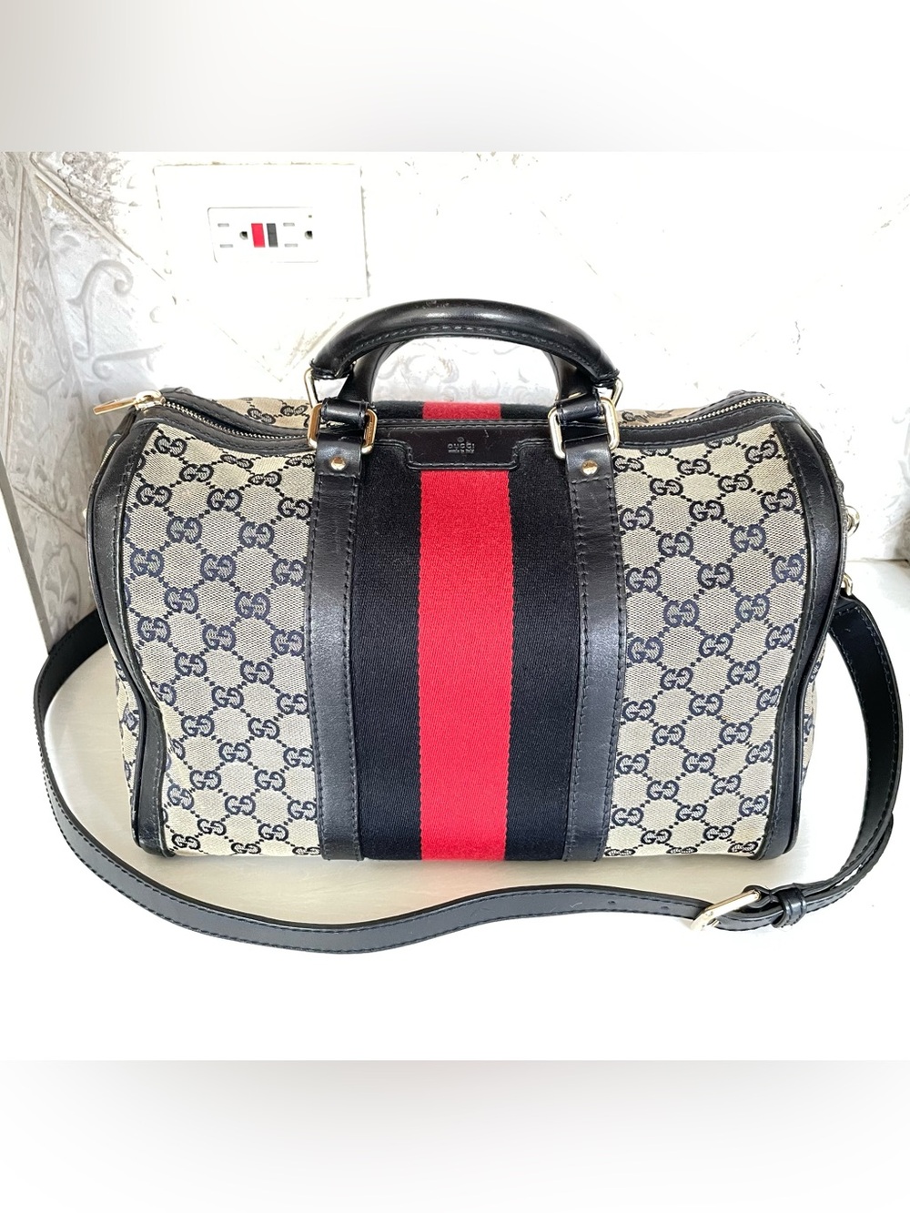 Gucci Medium Boston Bag- Navy Monogram with Red Stripe